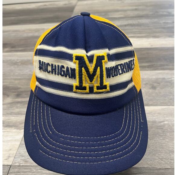 University of Michigan Trucker Hat Cap 80s 3 Stripe Foam Mesh Navy Blue Vintage - Picture 1 of 10